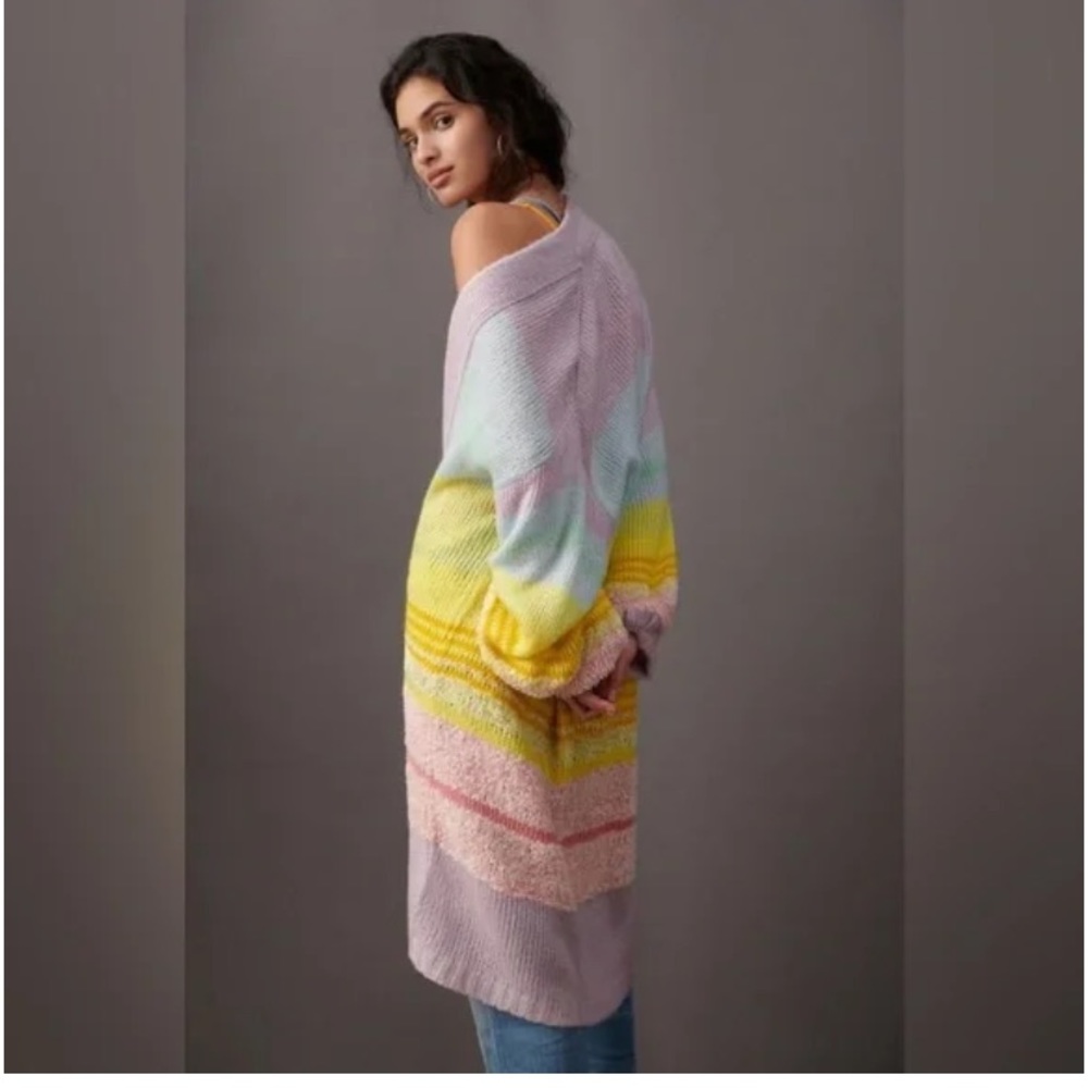 Anthropologie Pastel Rainbow Kimmie Ombré Striped Cardigan Sweater Long Duster